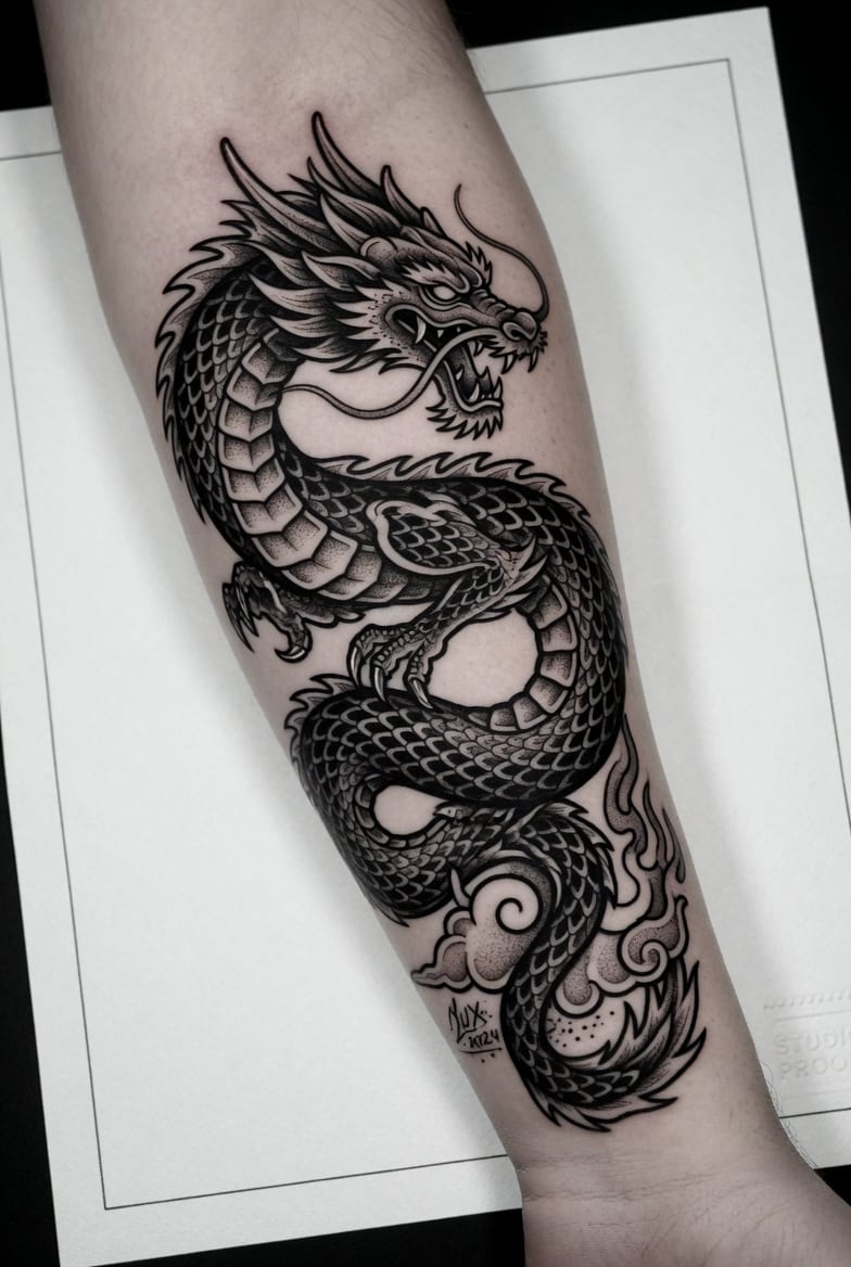 Japanese dragon tattoo design — bold black scales, flowing composition on forearm
