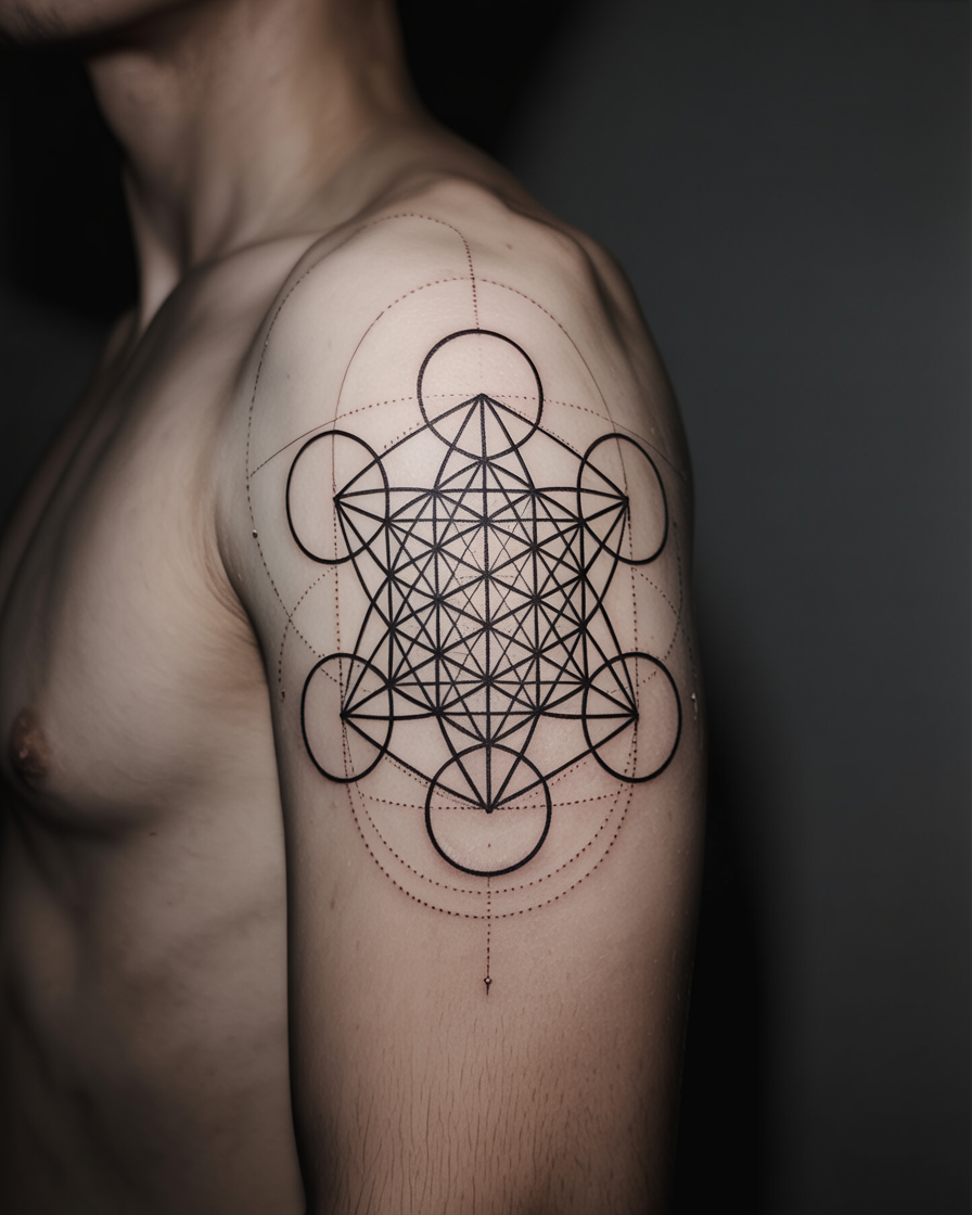 Sacred geometry tattoo design — Metatron's cube on shoulder, precise mathematical linework