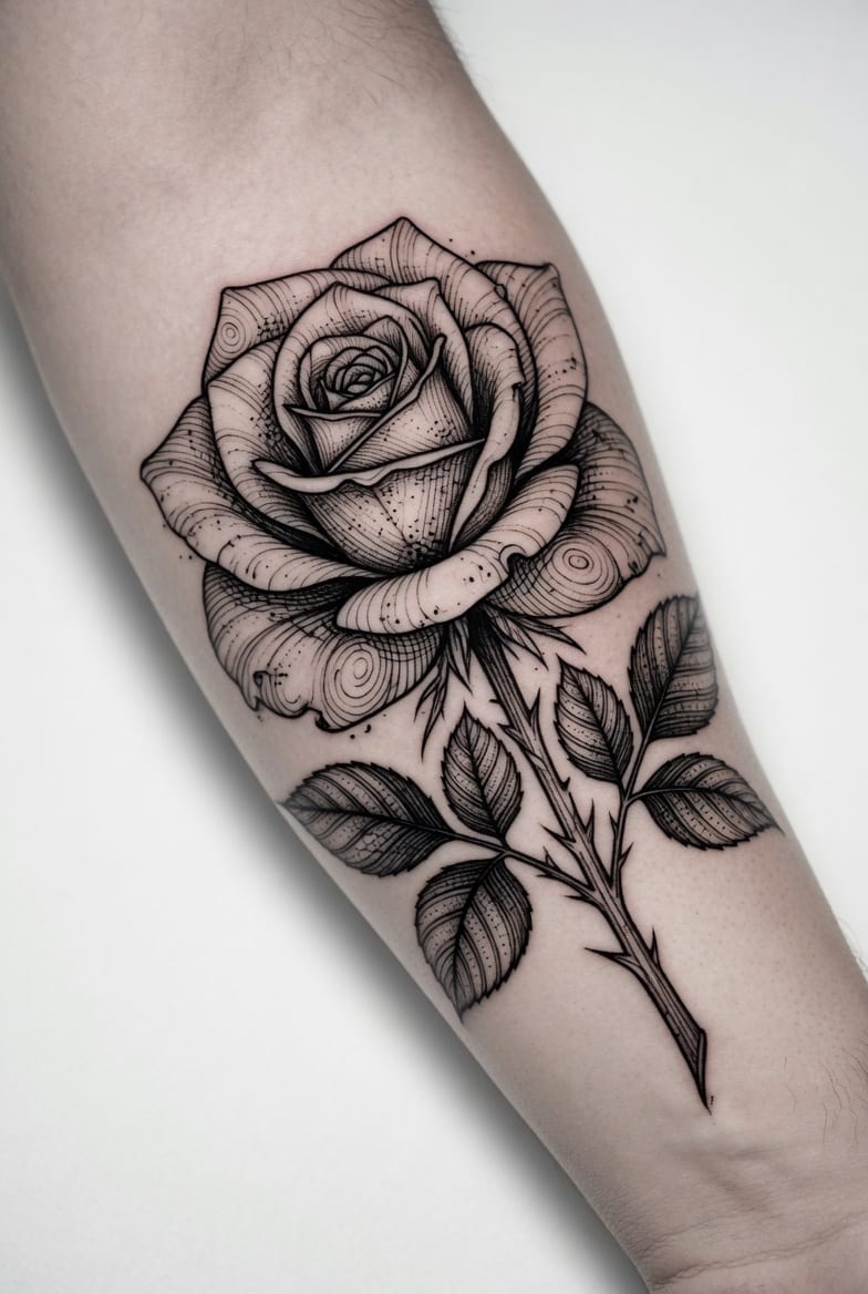 Fine line rose tattoo design — delicate shading and thin linework on forearm