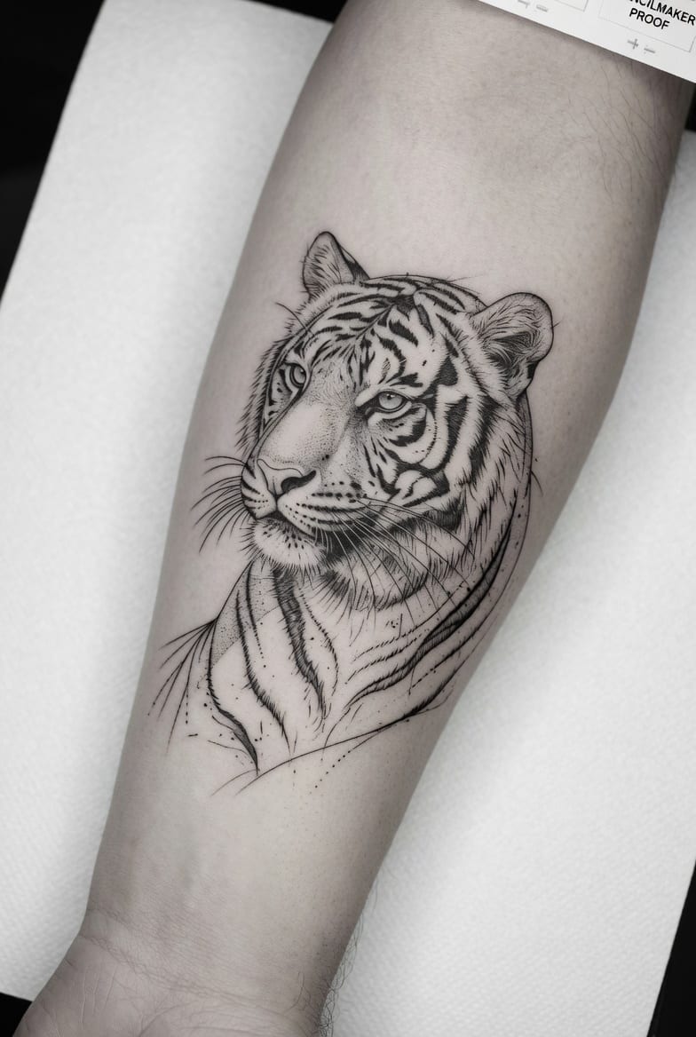 Hyper-realistic tiger portrait tattoo — dense topographic shading and fine detail